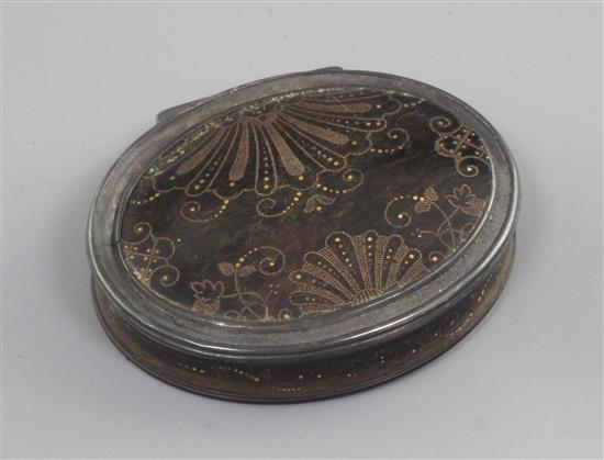A late 18th century tortoiseshell, piqué and white metal snuff box, 3.25in.